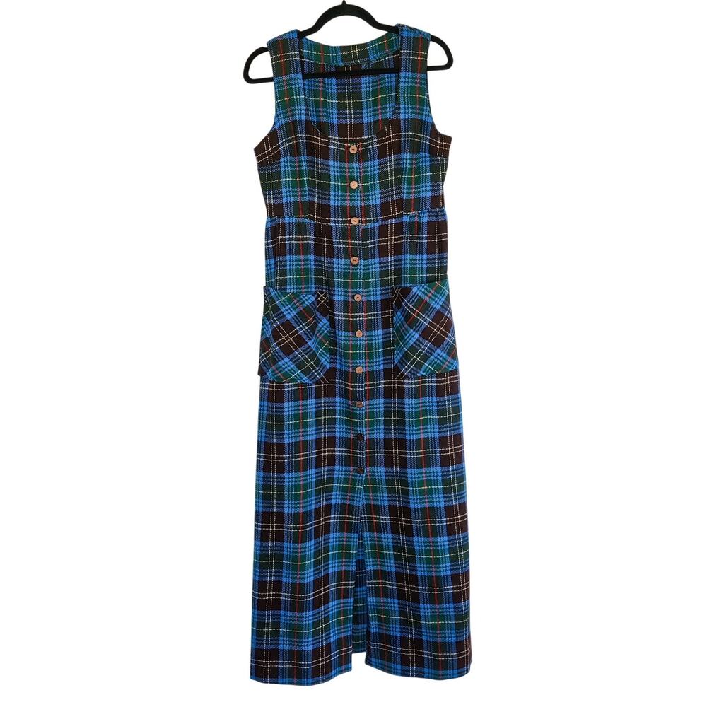 Vintage Handmade Plaid Wool Button Front Jumper Maxi Dress Medium Fall Academia